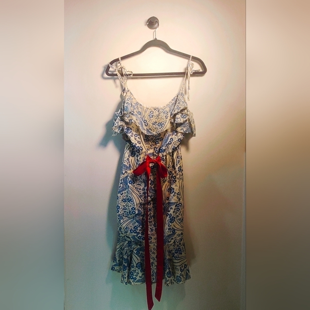 ANTHROPOLOGIE Midi Sundress Flutter Neckline Floral A-Line Ruffle Blue & Cream - Picture 2 of 15